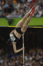 Sport, Athletics, Pole Vault, Scotland's Pole Vaulter Kirsty Maguire at the beginning of her assent with the pole bent during the 2006 Commonwealth Games in Melbourne Australia.