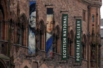 Scotland, Lothian, Edinburgh, Exterior of the Scottish National Portrait Gallery in Queen Street with banners attached to the building.