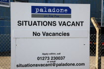 England, West Sussex, Shoreham-by-Sea, Situations Vacant sign outside factory. No Vacancies.