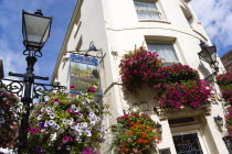England, East Sussex, Brighton, The Lanes Old fashioned streetlight lamppost outside The Sussex Pub with flowers in window boxes and hanging baskets.
