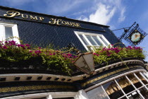England, East Sussex, Brighton, The Lanes The Pump House one of the oldest pubs in the city with flower in window boxes.