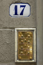 No 17 Door Number and Brass Bell Plaque, Florence, Italy.