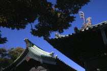 Japan, Tokyo, Kanda- Yushima Seido Confucian Shrine, details of roof wall surrounding  shrine compound, distictive black color and guardian tiger and dragon guardian figures January 10, 2010 c...