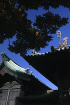 Japan, Tokyo, Kanda - Yushima Seido Confucian Shrine, details of the roof of surrounding wall, distinctive black color and roof lion and dragon guardians January 10, 2010 c Jon Burbank