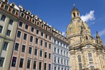 GERMANY, Saxony, Dresden, The restored Baroque church of Frauenkirch Church of Our Lady and surrounding restored buildings in Neumarkt square.