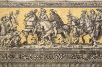 GERMANY, Saxony, Dresden, Frstenzug or Procession of the Dukes in Auguststrasse a mural on 25,000 Meissen tiles that depicts 35 noblemen from the 12th century Konrad the Great, to Friedrich August II...