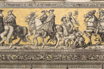 GERMANY, Saxony, Dresden, Frstenzug or Procession of the Dukes in Auguststrasse a mural on 25,000 Meissen tiles that depicts 35 noblemen from the 12th century Konrad the Great, to Friedrich August III, Saxony's last king, who ruled from 1904-1918. It was originally painted by Wilhelm Walter between 1870 and 1876 but eventually, the stucco began to crumble and around 1906-07 it was replaced by the tiles.