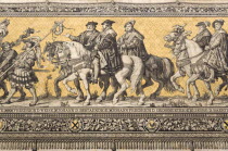 GERMANY, Saxony, Dresden, Frstenzug or Procession of the Dukes in Auguststrasse a mural on 25,000 Meissen tiles that depicts 35 noblemen from the 12th century Konrad the Great, to Friedrich August II...