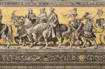 GERMANY, Saxony, Dresden, Frstenzug or Procession of the Dukes in Auguststrasse a mural on 25,000 Meissen tiles that depicts 35 noblemen from the 12th century Konrad the Great, to Friedrich August II...