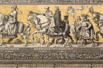 GERMANY, Saxony, Dresden, Frstenzug or Procession of the Dukes in Auguststrasse a mural on 25,000 Meissen tiles that depicts 35 noblemen from the 12th century Konrad the Great, to Friedrich August II...