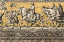 GERMANY, Saxony, Dresden, Frstenzug or Procession of the Dukes in Auguststrasse a mural on 25,000 Meissen tiles that depicts 35 noblemen from the 12th century Konrad the Great, to Friedrich August II...