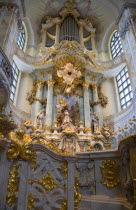 GERMANY, Saxony, Dresden, Interior of the restored Frauenkirche Church of Our Lady showing the altar and the organ.