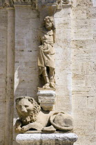 ITALY, Tuscany, San Quirico D'Orcia, One of the caryatid or zoomorphic columns of the portale di mezzogiorno or southern door of the Collegiata the Church of the saints Quirico and Giulitta attributed...