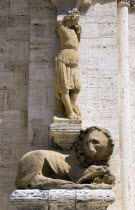 ITALY, Tuscany, San Quirico D'Orcia, One of the caryatid or zoomorphic columns of the portale di mezzogiorno or southern door of the Collegiata the Church of the saints Quirico and Giulitta attributed...