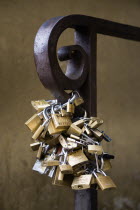 ITALY, Tuscany, Florence, Bunches of locked padlocks used by stallholders in the Vasari Corridor beside the Uffizi gallery.