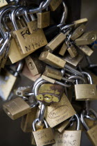 ITALY, Tuscany, Florence, Bunches of locked padlocks used by stallholders in the Vasari Corridor beside the Uffizi gallery.