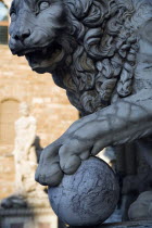 ITALY, Tuscany, Florence, The 1533 statue of Hercules and Cacus by Bandinelli seen through the legs of a stone lion outside the Loggia del Lancia or di Orcagna beside the Palazzo Vecchio in the Piazza...