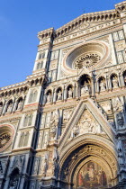 ITALY, Tuscany, Florence, The Neo-Gothic marble west facade of the Cathedral of Santa Maria del Fiore the Duomo.