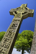 IRELAND, County Louth, Monasterboice Monastic Site, the West Cross slanted angular view of the east face. 