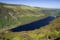 IRELAND, County Wicklow, Glendalough, Vista of the Upper lake from the Spink Trail with Lower Lake and Round Tower in far distance. 