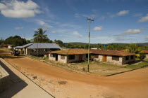 VENEZUELA, Bolivar State, Canaima National Park, Canaima Village, View of the main street junction of Canaima village known as the gateway to Angel Falls , shoot from a height level on a bright day wi...