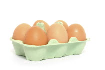 FOOD, Poultry, Eggs, 6 brown hens eggs in carton.