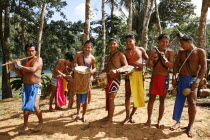 Panama, Embera Indian Village, Traditional band of musiciabs with variety of instruments, including a tortoise  shell.