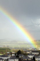 Scotland, Perth, Friarton road bridge over the river Tay with colourful rainbow.