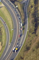 Scotland, Stirling, Aerial of dual carriageway road with feeding exit and entrance lanes.