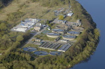 Scotland, Stirling, Aerial of Sewage water treatment works.