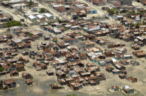 Haiti, Isla de Laganave, Aerial view of slum buildings made from corrugated steel.