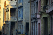 CUBA, Havana, Crumbling exterior facades of buildings along the Malecon. 