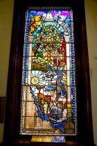 Ireland, North, Belfast, City Hall, Interior, Centenary Stained Glass Window with various scenes depicted including the construction of Titanic at Harland & Wolf shipyard.