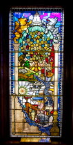 Ireland, North, Belfast, City Hall, Interior, Centenary Stained Glass Window with various scenes depicted including the construction of Titanic at Harland & Wolf shipyard.