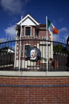 Ireland, North, Belfast, Andersonstown, James Connolly  House, Sinn Fein Headquarters with Irish Tricolour flag flying.