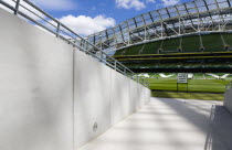 Ireland, County Dublin, Dublin City, Ballsbridge, Lansdowne Road, The players tunnel at the Aviva 50000 capacity all seater Football Stadium designed by Populus and Scott Tallon Walker. A concrete and...