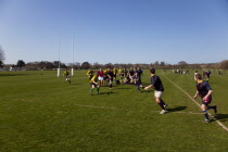 England, West Sussex, Shoreham-by-Sea, Rugby Teams playing on Victoria Park playing fields.
