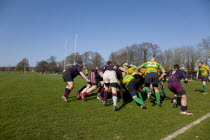 England, West Sussex, Shoreham-by-Sea, Rugby Teams playing on Victoria Park playing fields.