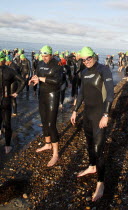 England, West Sussex, Goring-by-Sea, Worthing Triathlon 2009, male competitors at the swim start.