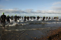 England, West Sussex, Goring-by-Sea,Worthing Triathlon 2009, male competitors at the swim start.