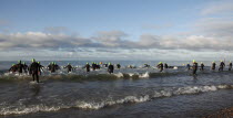 England, West Sussex, Goring-by-Sea, Worthing Triathlon 2009, male competitors at the swim start.