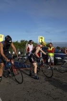 England, West Sussex, Goring-by-Sea, Worthing Triathlon 2009, male competitors starting cycle section.