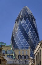 England, London, The City, 30 St Mary Axe, detail of the the Gherkin building.