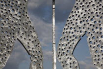 Germany, Berlin, Detail of Molecule Men sculpture 30 metres in height by Jonathan Borofsky on River Spree.