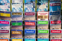 Turkey, Istanbul, Travel guide books for sale outside a shop.