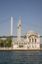 Turkey, Istanbul, Ortakoy Mosque, beside the Bosphorus Bridge.
