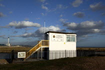 England, West Sussex, Shoreham-by-Sea, National Coastwatch Institution look out pot next to the harbour entrance.