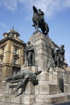 Poland, Krakow, Grunwald Monument by Marian Konieczny original by Antoni Wiwulski was destroyed in WWII on Matejko Square. Equestrian figure of King Wladyslaw Jagiello with the standing figure of Lith...