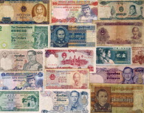 Business, Finance, Money, Display of foreign currency notes from Southeast Asian countries.