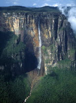 Venezuela, Bolivar State, Canaima National Park, Angel Falls or Kerepakupai Mer in the indigenous Pemon language the tallest waterfall in the world cascading down from the table-top mountain Auyantep...